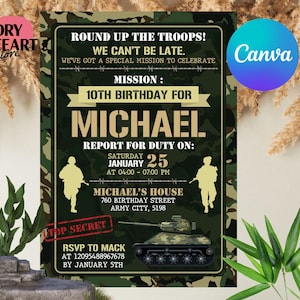Editable Army Birthday Invitation, Military Party Invitations,  Soldier Birthday Invitation, Military Invite, Canva Template