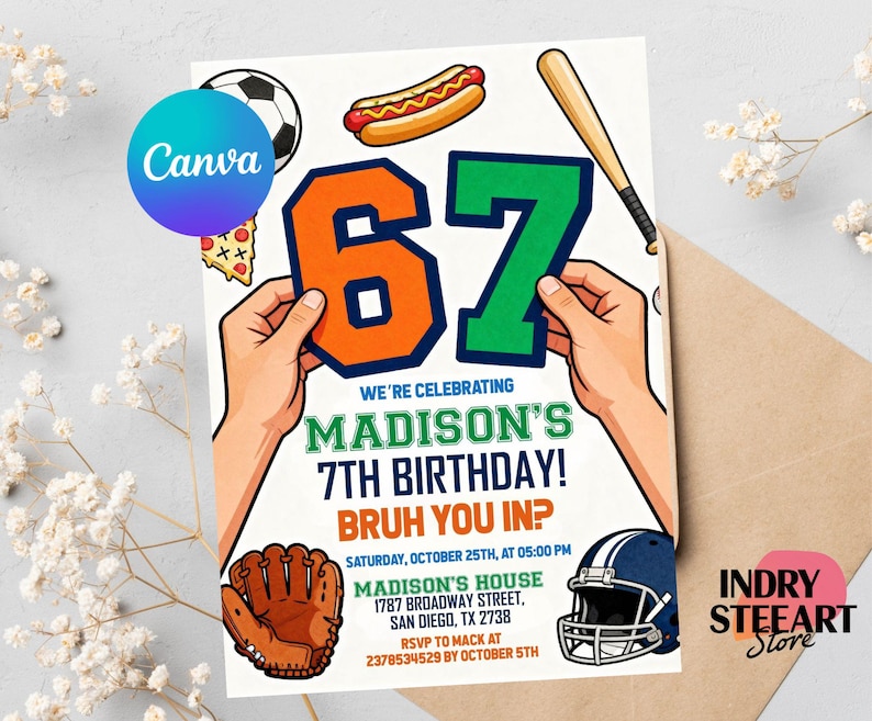 Editable 6-7 Birthday Invitation: Sports Meme Trending Six Seven Party Invite, 67 invitation,boys birthday party,six seven birthday,6 7 birthday invite,7th birthday invite,kids birthday invite,sports birthday,meme birthday invite,funny kids birthday,any age invitation,trending viral meme,baseball basketball,six seven invite, 6-7 Sports Birthday Invitation, Editable Meme Trending Six Seven Party Invite, Bruh, Boy Birthday, Kids Birthday Digital Invite