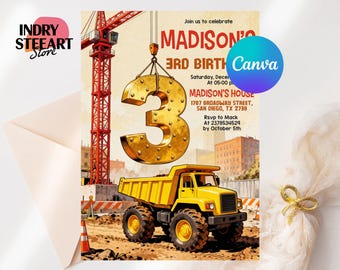Könnte beinhalten: Eine Geburtstagseinladung mit einem Baustellen-Thema. Sie zeigt einen gelben Muldenkipper, eine große goldene Zahl 3 und einen roten Kran. Die Einladung enthält den Text "MADISON'S 3RD BIRTHDAY" und Veranstaltungsdetails.