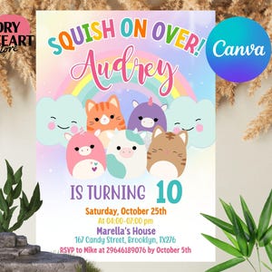 May include: A colorful birthday party invitation for a girl turning 10. The invitation features a rainbow, clouds, and cute animal characters. The text reads "Squish On Over! Audrey is turning 10. Saturday, October 25th at 04:00-07:00 pm. Marella's House 167 Candy Street, Brooklyn, TX276. RSVP to Mike at 29646189076 by October 5th."