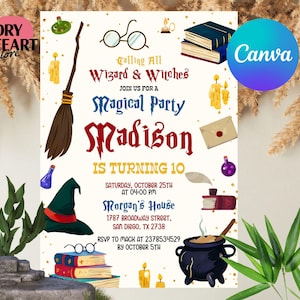 Editable Wizards Witches Birthday Invitation, Magical Birthday Invite, Magic School Wizardry Birthday Party, Digital Canva Template
