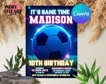 Neon Soccer Invitation, Neon Soccer Invite, Soccer Birthday Inviation, Sports Invitation, Football Invite, Editable Canva Template
