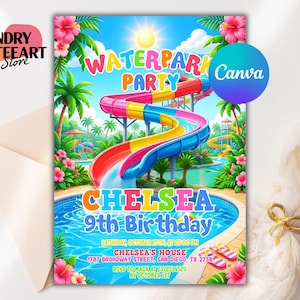 May include: A colorful invitation card for a waterpark party featuring a large red, yellow, and blue water slide, a swimming pool, palm trees, and hibiscus flowers. The text reads Waterpark Party, Chelsea 9th Birthday, October 25th, 3:00 PM.