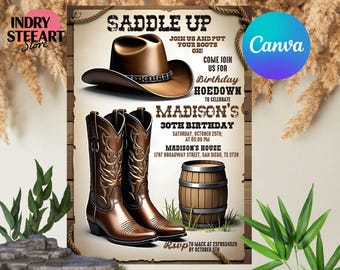 Western Hoedown Birthday Party Invitation, Cowboy Invitation, Printable Cowboy Birthday Invite, Saddle Up And Put Your Boots, Editable Canva