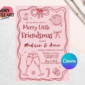 Op de afbeelding: Een roze uitnodiging met rode decoratieve elementen en tekst. De uitnodiging luidt "Merry Little Friendsmas" en bevat evenementdetails. Het Canva-logo is zichtbaar. Het evenement wordt georganiseerd door Madison & Aaria.