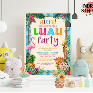 Symmetrical picture of Aloha Luau Birthday Invitation,Luau Birthday Invitation,Luau Hawaiian Birthday Party,Aloha Luau Invitation,Instant Download,Editable Canva image with with beautiful lighting