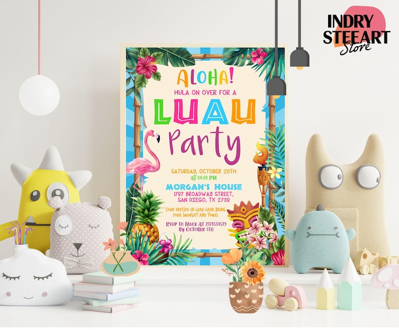 Symmetrical picture of Aloha Luau Birthday Invitation,Luau Birthday Invitation,Luau Hawaiian Birthday Party,Aloha Luau Invitation,Instant Download,Editable Canva image with with beautiful lighting