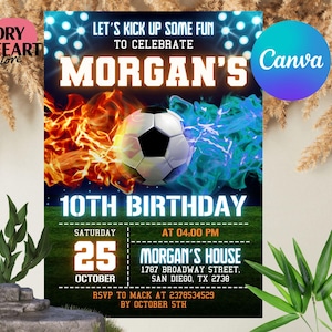 Editable Soccer Birthday Invitation Card Template, Football Invitation Soccer Invitation Card Template, Canva Template