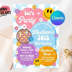 May include: A retro-style party invitation with a light blue and white checkered background. The invitation features the text "Let's Party" and "Madison's 10th Birthday". Additional details include the date, time, RSVP information, and address.