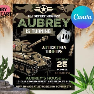 Editable Army Birthday Invitation, Military Party Invitations,  Soldier Birthday Invitation, Military Invite, Canva Template