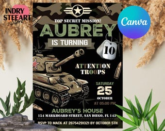 May include: A green, brown, and black camouflage patterned invitation with a cartoon tank and the text "Top Secret Mission! Aubrey is turning 10. Attention Troops. Saturday 25 October at 05:00 PM. Aubrey's House 154 Markboard Street, San Diego, FL 143. RSVP to Mack at 26754291321 by October 5th."