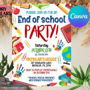 Invito alla festa di fine scuola modificabile, invito alla festa di fine scuola, scarica l'invito estivo, modello Canva, download immediato