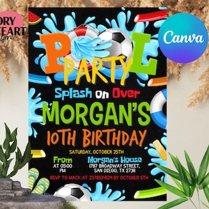 May include: A black and white birthday party invitation with a pool theme. The invitation features a blue and white pool float, a soccer ball, and the text "Pool Party Splash On Over Morgan's 10th Birthday". The invitation also includes the date, time, and location of the party.