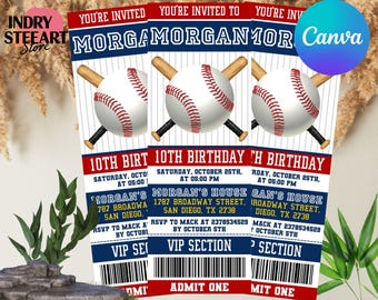 Invitation de billet de baseball modifiable, invitation de fête d'anniversaire de baseball, invitation de fête de sport, fête d'anniversaire de style sport, téléchargement immédiat