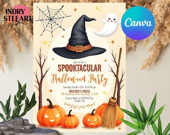 Puede incluir: Invitación a una fiesta de Halloween con un sombrero de bruja, un fantasma, calabazas y una escoba. La invitación dice "Spooktacular Halloween Party" con detalles del evento. El diseño incluye una telaraña y el logo de Canva.