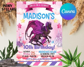 Editable Purple Dragon Invitation, Girl Dragon Birthday Party Invitation, Dragon Invitation, Purple Dragon, Printable Canva Template