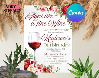 Aged to Perfection Invitation, Wine Birthday Party Invite, Winery Celebration Template, Fine Like Wine Floral Birthday Card, Canva Editable