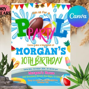 Convite editável para festa de futebol na piscina, convite de aniversário na piscina, convite de aniversário de futebol, aniversário de verão esportivo para meninos, modelo Canva