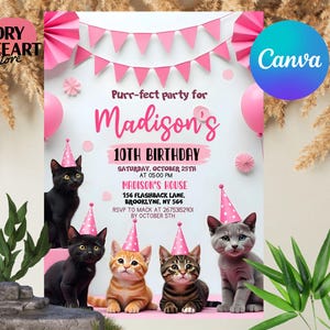 Invito a tema gatto modificabile, invito di compleanno con gattini carini, festa di compleanno con gattini, facciamo festa, hai ragione, miagolio?, modello digitale