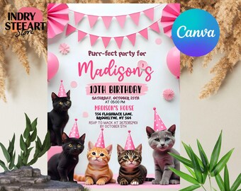 Bewerkbare kattenuitnodiging, schattige katten verjaardagsuitnodiging, Kitty Cat verjaardagsfeestje, Let's Pawty, Are You Kitten Me Right Meow, digitale sjabloon