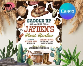 First Rodeo Invitation Template, Wild West Birthday Invite, Boy Cowboy Birthday Invitation, My 1st Rodeo Invitation, Canva Template