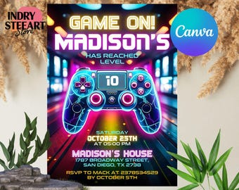 Faire-part de fête d'anniversaire jeu vidéo, passer un niveau supérieur, invitation à une fête d'arcade, invitation néon phosphorescent, gamer vidéo phosphorescent, toile modifiable