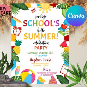 Goodbye School Hello Summer Invitation, End of School Party Invite, Sun Beach Swim Pool Palm Tree Tropical Schools Out EDITABLE Template
