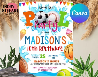 Sport Birthday Invitation, Sport Pool Party, Editable Sport party, Boy Sports Summer Birthday Invite, Printable Instant Access EDIT NOW