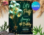 Emerald Green Birthday Invitation Editable Lets Celebrate Gold Balloon Adult Party Invite Printable Digital Instant Download Template