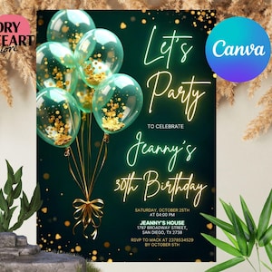 Emerald Green Birthday Invitation Editable Lets Celebrate Gold Balloon Adult Party Invite Printable Digital Instant Download Template