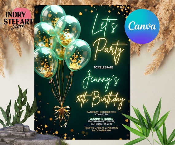 Emerald Green Birthday Invitation Editable Lets Celebrate Gold Balloon Adult Party Invite Printable Digital Instant Download Template