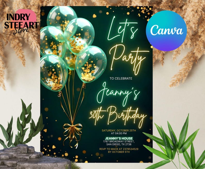 Emerald Green Birthday Invitation Editable Lets Celebrate Gold Balloon Adult Party Invite Printable Digital Instant Download Template