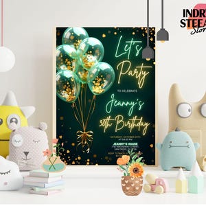 Emerald Green Birthday Invitation Editable Lets Celebrate Gold Balloon Adult Party Invite Printable Digital Instant Download Template