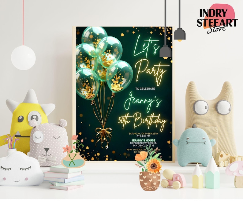 Emerald Green Birthday Invitation Editable Lets Celebrate Gold Balloon Adult Party Invite Printable Digital Instant Download Template