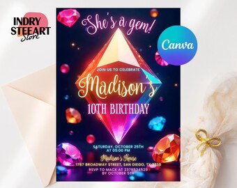 Crystal Gemstone Birthday Invitation, Geode Birthday Invitation, Colorful Crystal Birthday Invite, Geology Party, Instant Download, Editable