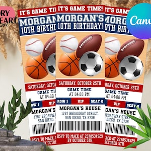 Invitation de billet de sport toutes les étoiles, invitation d'anniversaire de sport, football, baseball, basketball, football, modèle de toile modifiable