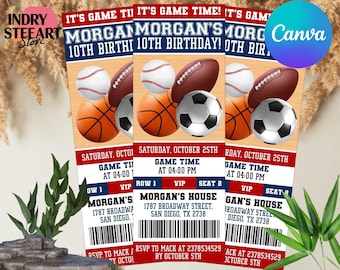 All Star Sport ticket Invitation, Sports Birthday Invitation, Football, baseball, basketball, soccer, Editable Canva Template