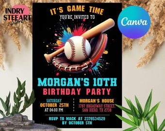 Editable Baseball Birthday Invitation, Baseball Party Invites, Instant Download Baseball Invitations, Printable Baseball, CANVA Template