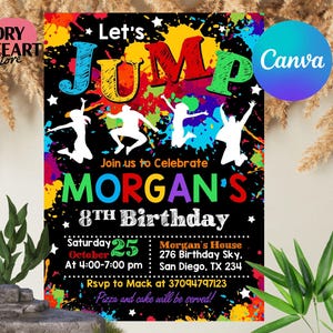 Editable Jump Birthday Invitation, Jump Invite, Trampoline Party, Bounce House, Let&#39;s Jump Party, Trampoline Park, Canva Template