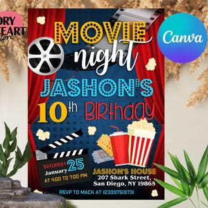 EDITABLE Movie Night Birthday Invitation, Movie Birthday Party Invitation, Movie Sleepover Party Popcorn, Movie Party Instant Download