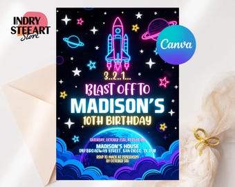 Invitación a fiesta de cumpleaños espacial de neón, invitación a fiesta de galaxia, invitación de cumpleaños de astronauta del espacio exterior, planetas de cohetes espaciales, Canva editable