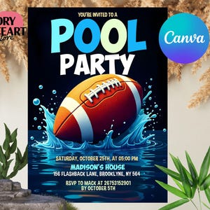 Football Pool Party Invitation, Pool Birthday Invitation, Football Birthday Invitation, Boy Sports Summer Birthday, Digital Download