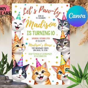 Editable Cat Birthday Invitation, Cat Theme Birthday Invitation, Are You Kitten Me Birthday, Paw-ty Birthday Invite, Rainbow, Digital