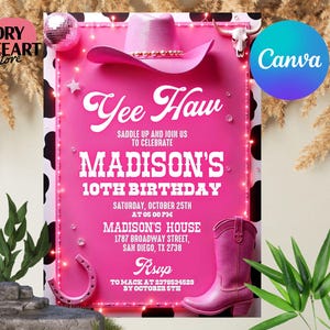 Pink Cowgirl Birthday Invitation, Cowgirl Hoedown Birthday Party Invite, Country Western Invite, Any Age, Digital Editable Printable