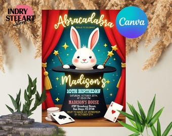 Könnte beinhalten: Eine Geburtstagseinladung mit einem magischen Thema. Das Design zeigt einen weißen Hasen, der aus einem schwarzen Zylinder auftaucht, mit dem Wort "Abracadabra" oben. Die Einladung enthält den Text "Madisons 10. Geburtstag".