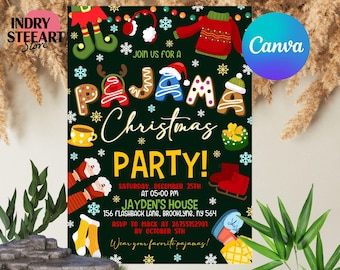Inviti modificabili per pigiama natalizio, invito per pigiama, invito per festa di Natale, pigiama party natalizio, modello Canva modificabile
