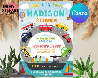 Transportation Birthday Invitation, Honk, Beep, Choo Choo, Train, Truck Birthday Invitation, Cars Birthday Invite, Truck and Cars Birthday