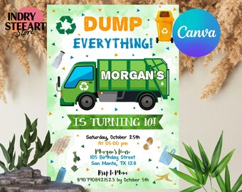 Peut inclure: Invitation d'anniversaire sur le thème du recyclage, avec un camion poubelle vert. Le design comprend le texte "Dump Everything!" et "Is Turning 10!" avec les détails de l'événement. L'invitation est verte et bleue.
