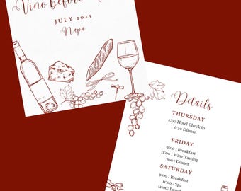 Vino antes de los votos: Plantilla de invitación e itinerario para la despedida de soltera. ¡Diseño de logotipo y pegatinas GRATIS incluido!