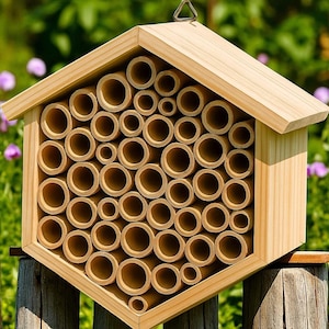 Mason Bee House for Garden, Carpenter Bee Hotel with Bamboo Tubes, Hanging Wooden Pollinator Nest, Natural Hive Decor